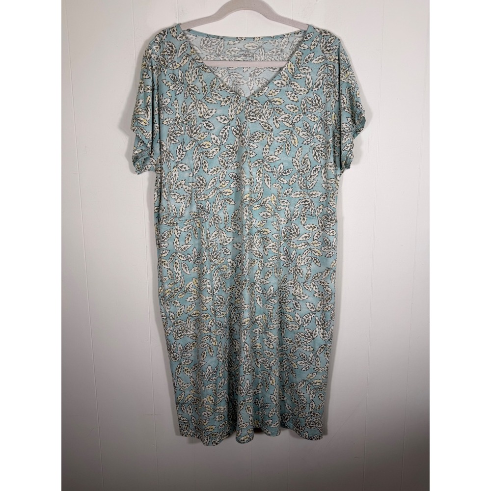 Pure Jill Organically Grown Cotton Leaf Print V-Neck T-Shirt Dress Blue Large